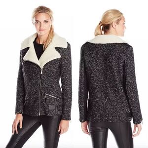 BCBGeneration Speckle Tweed Moto Coat Shearling